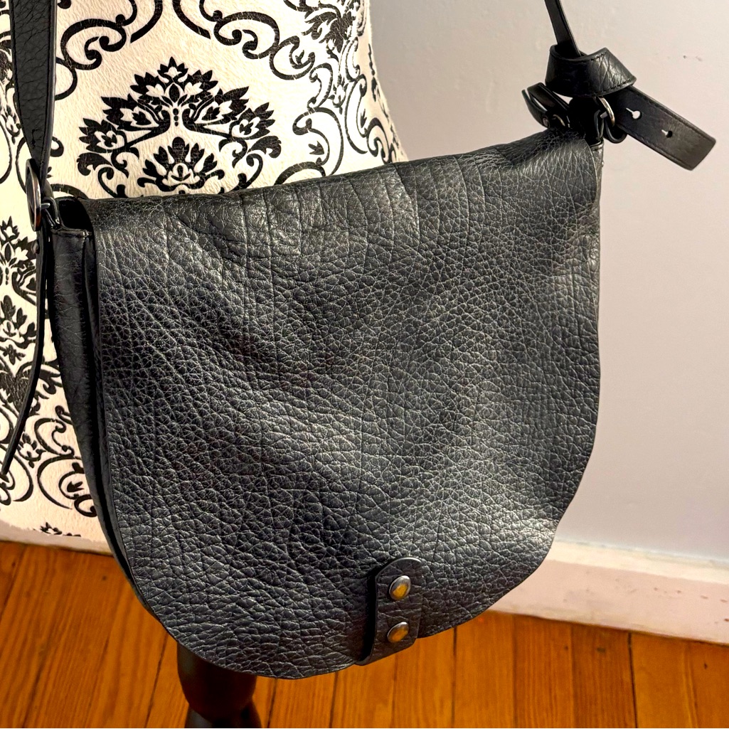 Eileen Fisher Round About Crossbody Handbag Black Textured Leather Supple